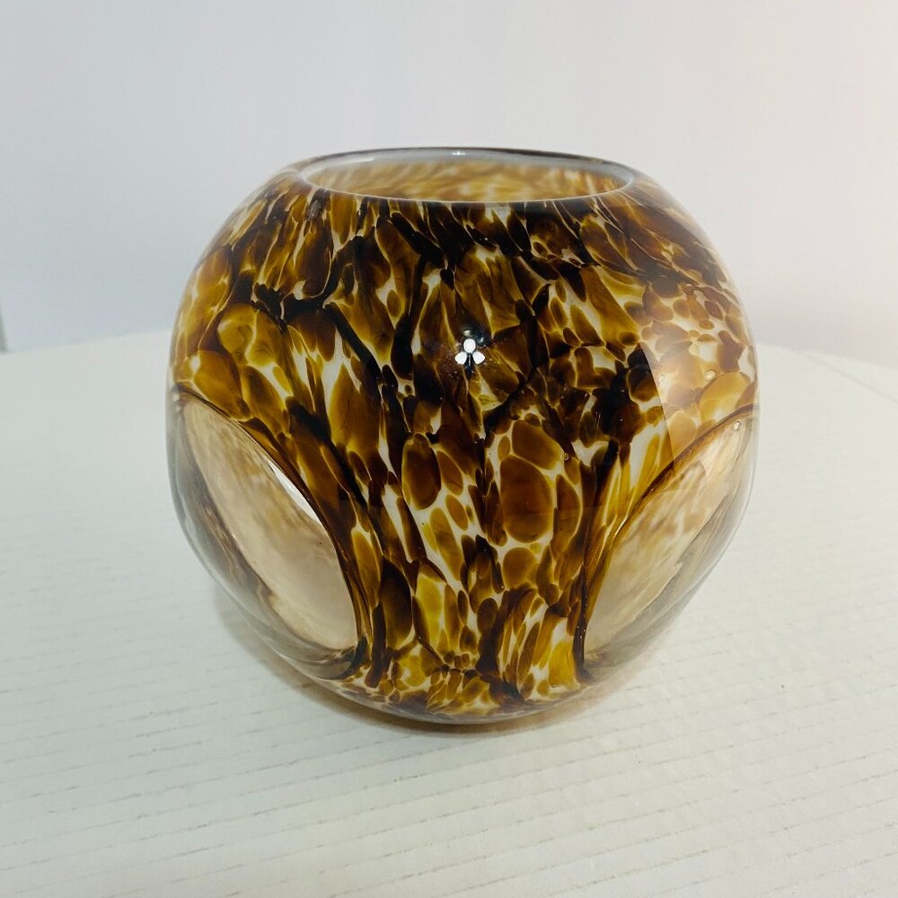 VTG 1974 Tortoise Shell Hand Blown Italian ArtGlass Votive Vase Tea Light Candle